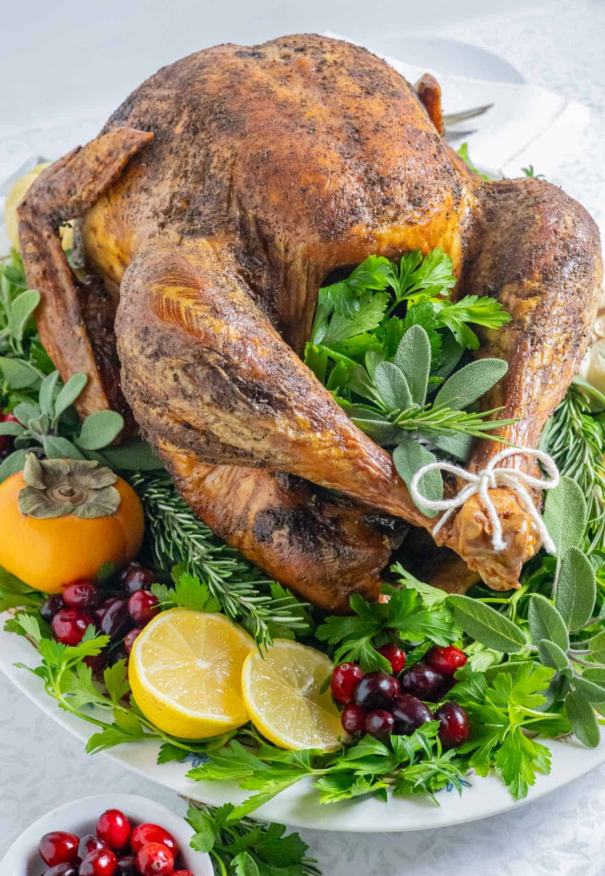 Crisp, golden whole turkey on a platter with herbs in the cavity and platter.
