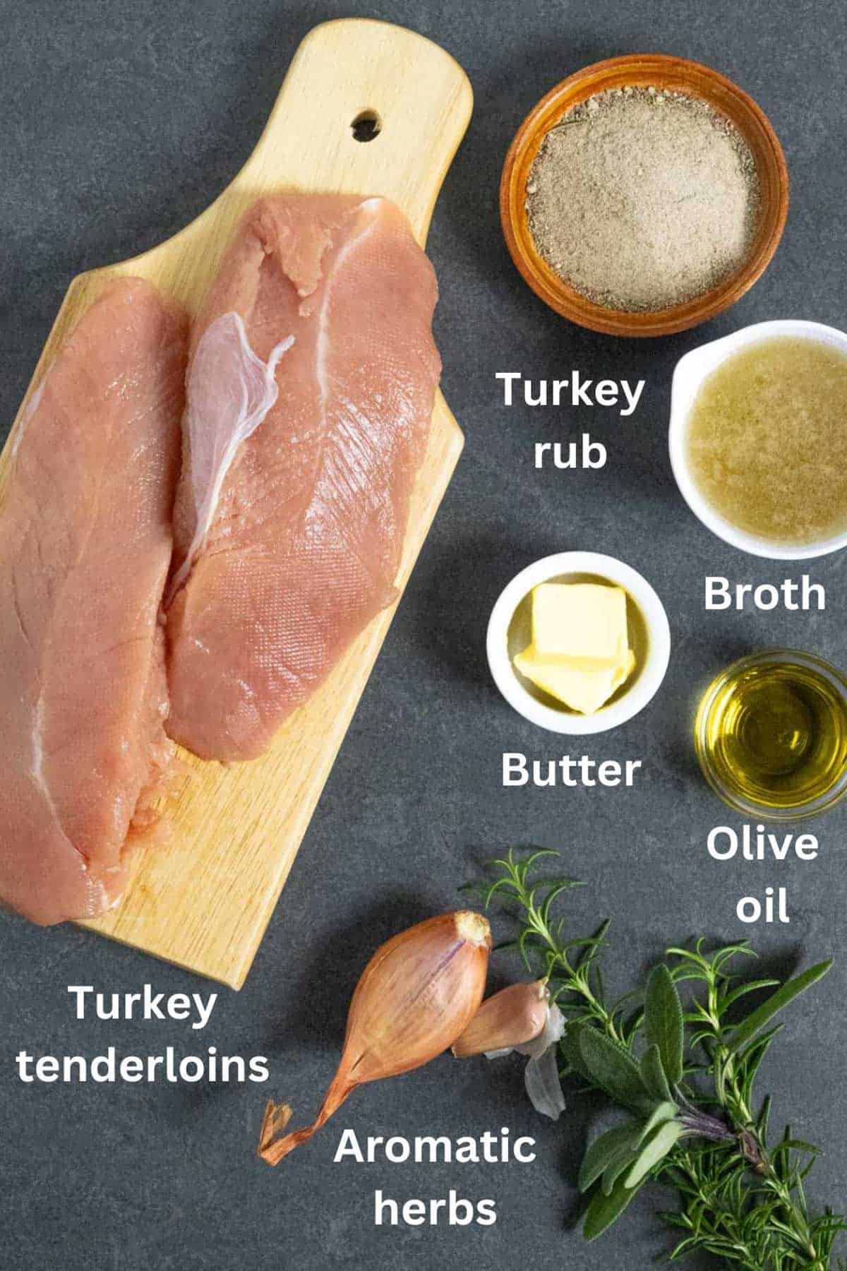 Ingredients in small bowls with turkey breast tenders, all with white text labels.