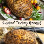 Split image of smoked turkey breast sliced and unsliced.
