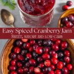 Split image of cranberry jam in an open jar, and bowl of fresh cranberries.