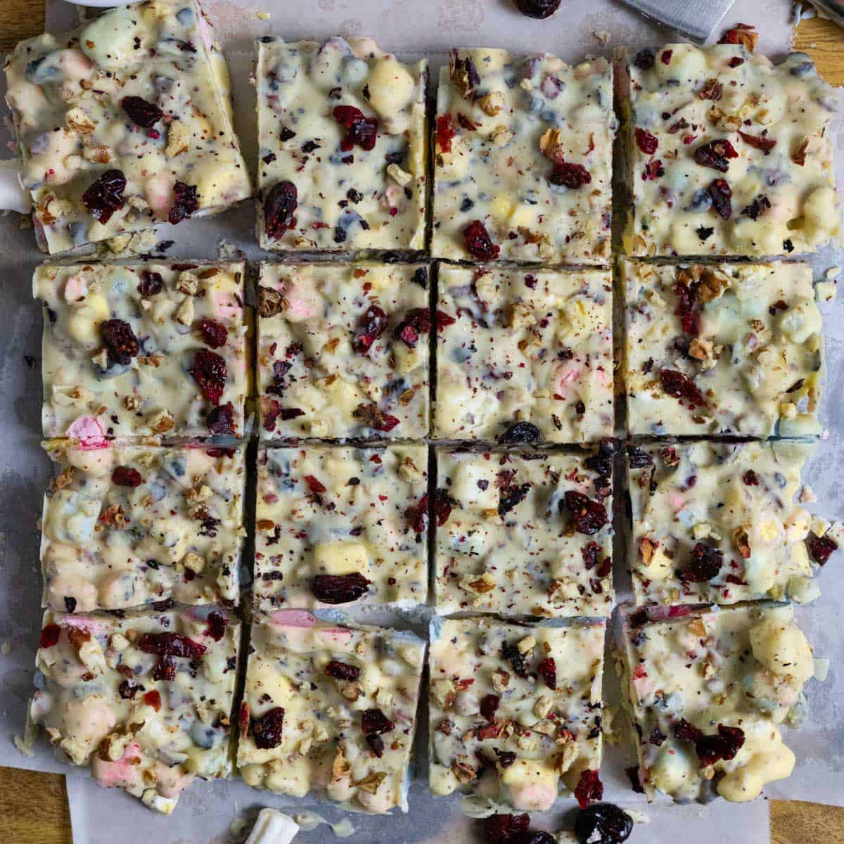 Grid of sixteen sliced squares of rocky road.