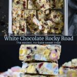 Split image of white chocolate rocky road in a square pan, and then cut into squares and stacked.