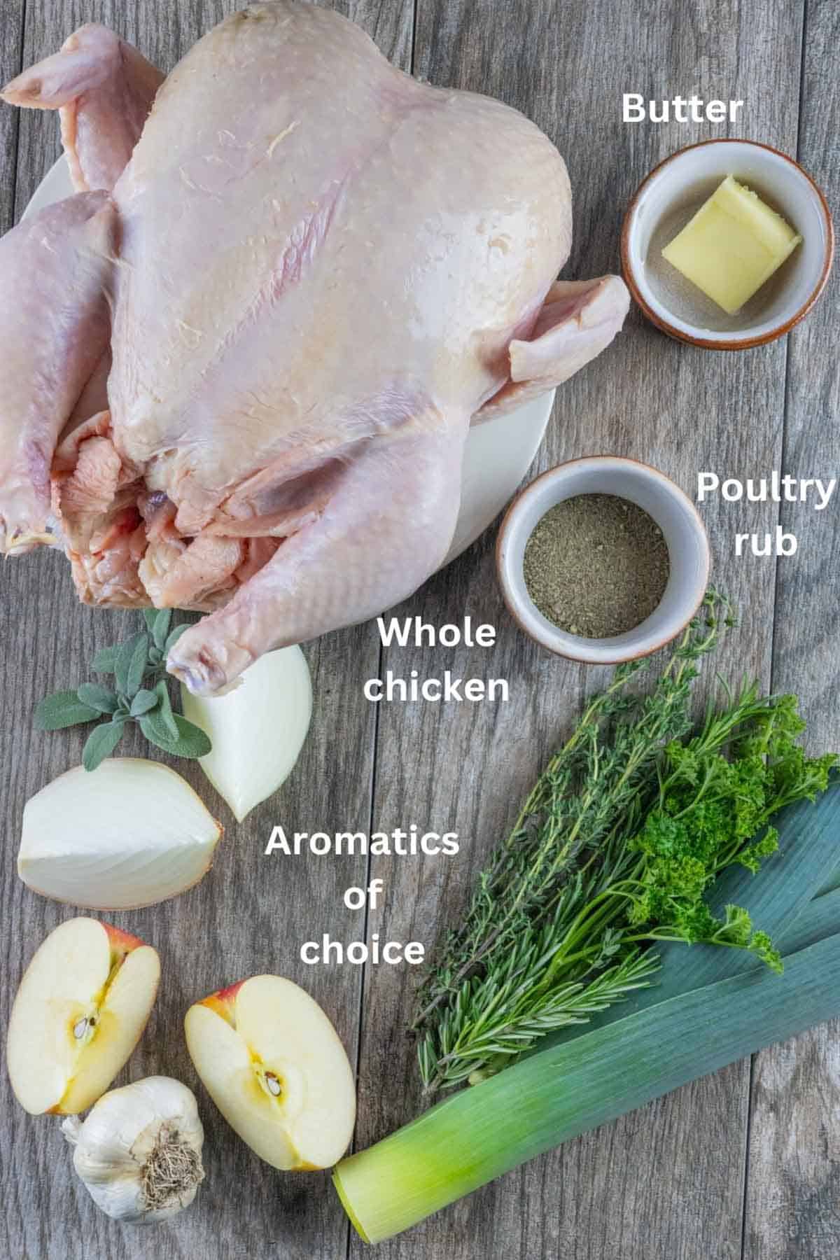 Ingredients for roasted chicken with white text labels.