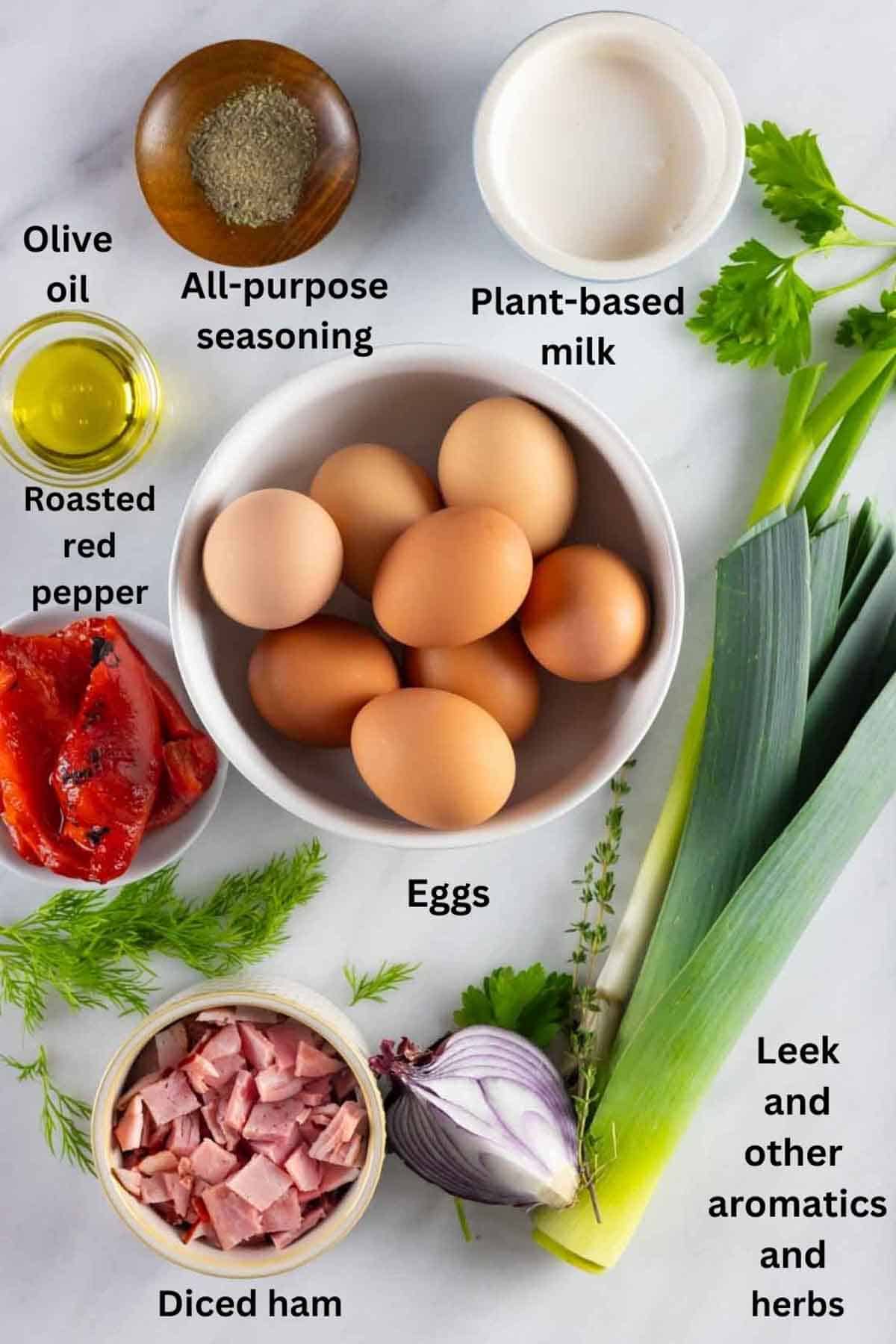Ingredients for a dairy-free frittata with black text labels.