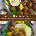 Split image of corned beef meatballs on a plate and served with colcannon and cabbage wedge.