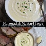 Split image of horseradish mustard sauce in a bowl with a spoon and a ramekin with lamb slices.