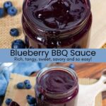 Split image of jar of blueberry bbq sauce with sauce dripping off spoon, and jar on a board with spoon on the side.