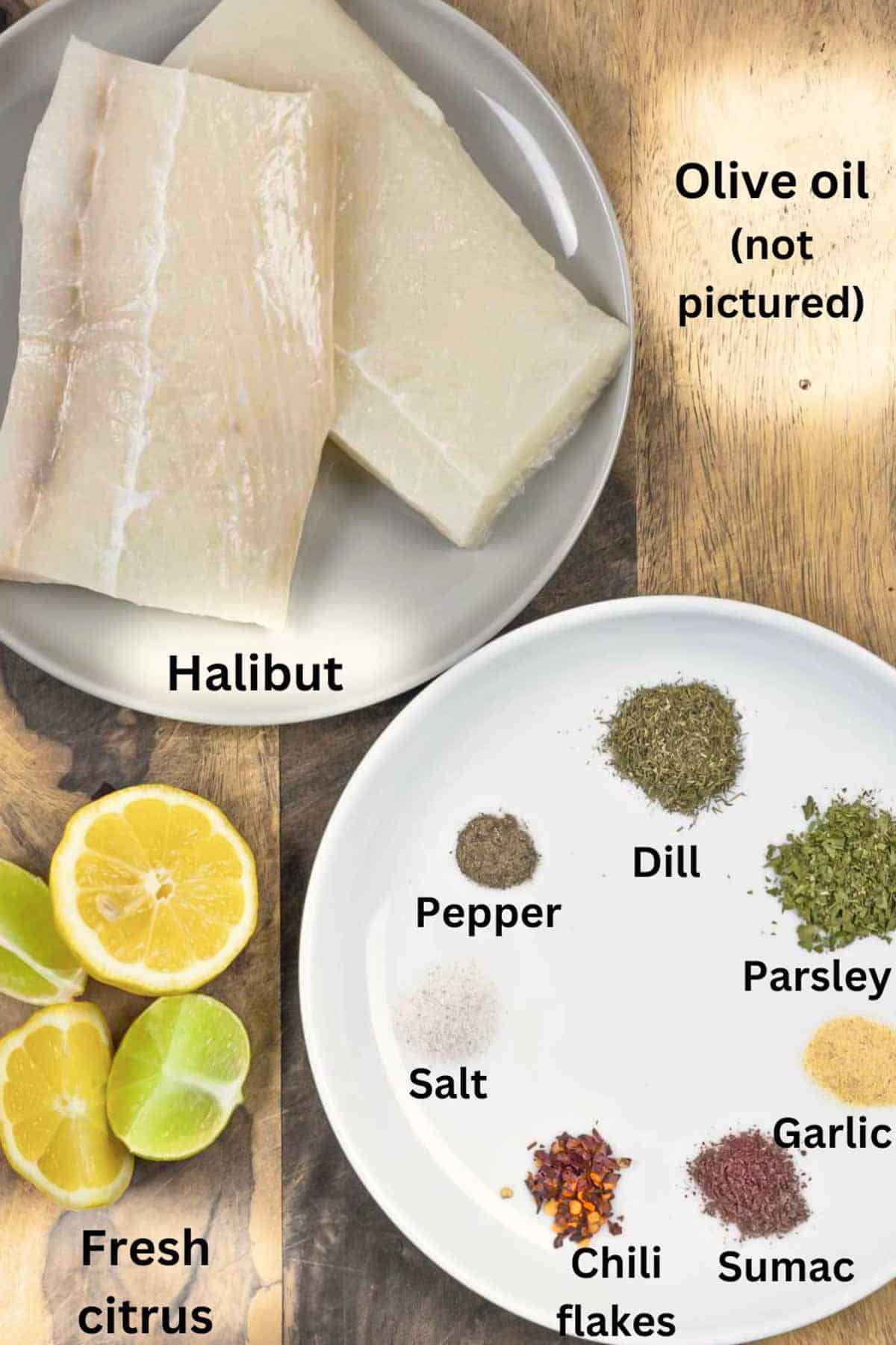 Ingredients for air fryer halibut on white plates and a board with black text labels.