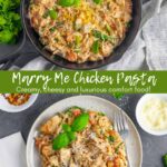 Split image of marry me chicken pasta in a cast iron skillet, and on a plate with a fork.