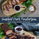 Split image of sliced smoked pork tenderloin on a platter with blueberry bbq sauce.