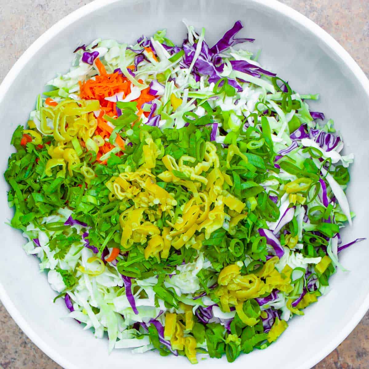 Cabbage and other vegetables for coleslaw in a white bowl ready to mix.