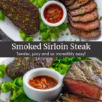 Split image of smoked sirloin steak on a platter with red chimichurri sauce.