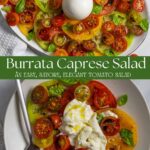 Split image of caprese salad with the burrata ball whole, and with it open and drizzled with olive oil.