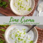 Split image of homemade lime crema in a bowl at different angles.