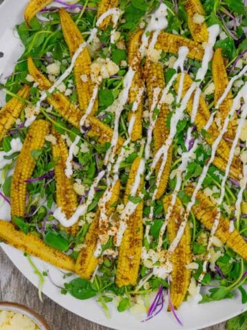 Roasted baby corn microgreen salad topped with cotija cheese and drizzle of crema dressing.