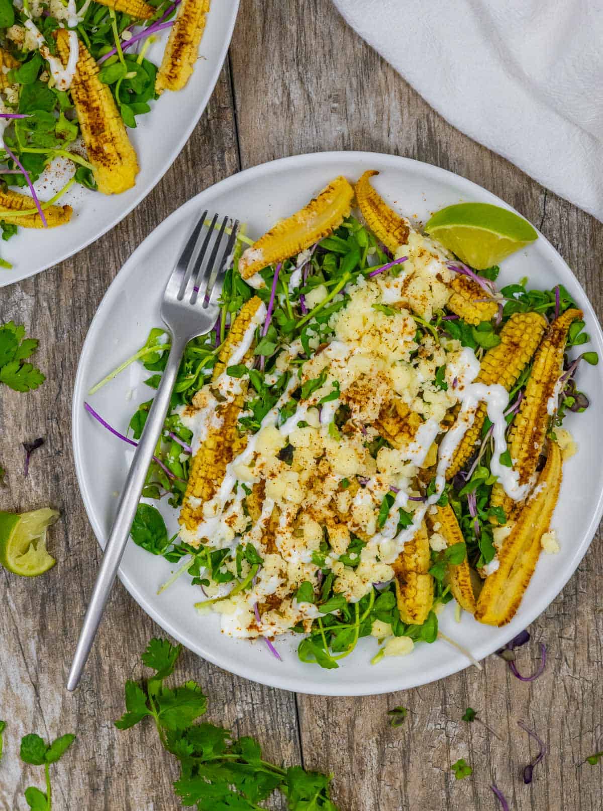 Salad plate of microgreen salad with roasted baby corn topped with crema.