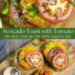 Split image of a slice of avocado toast topped with sliced tomatoes, and a board with three slices of avocado toast.