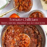 Split image of tomato chilli jam in a jar with a spoon, and in a saucepan.