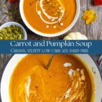 Split image of pumpkin carrot soup in a bowl with garnish and in a soup pot.