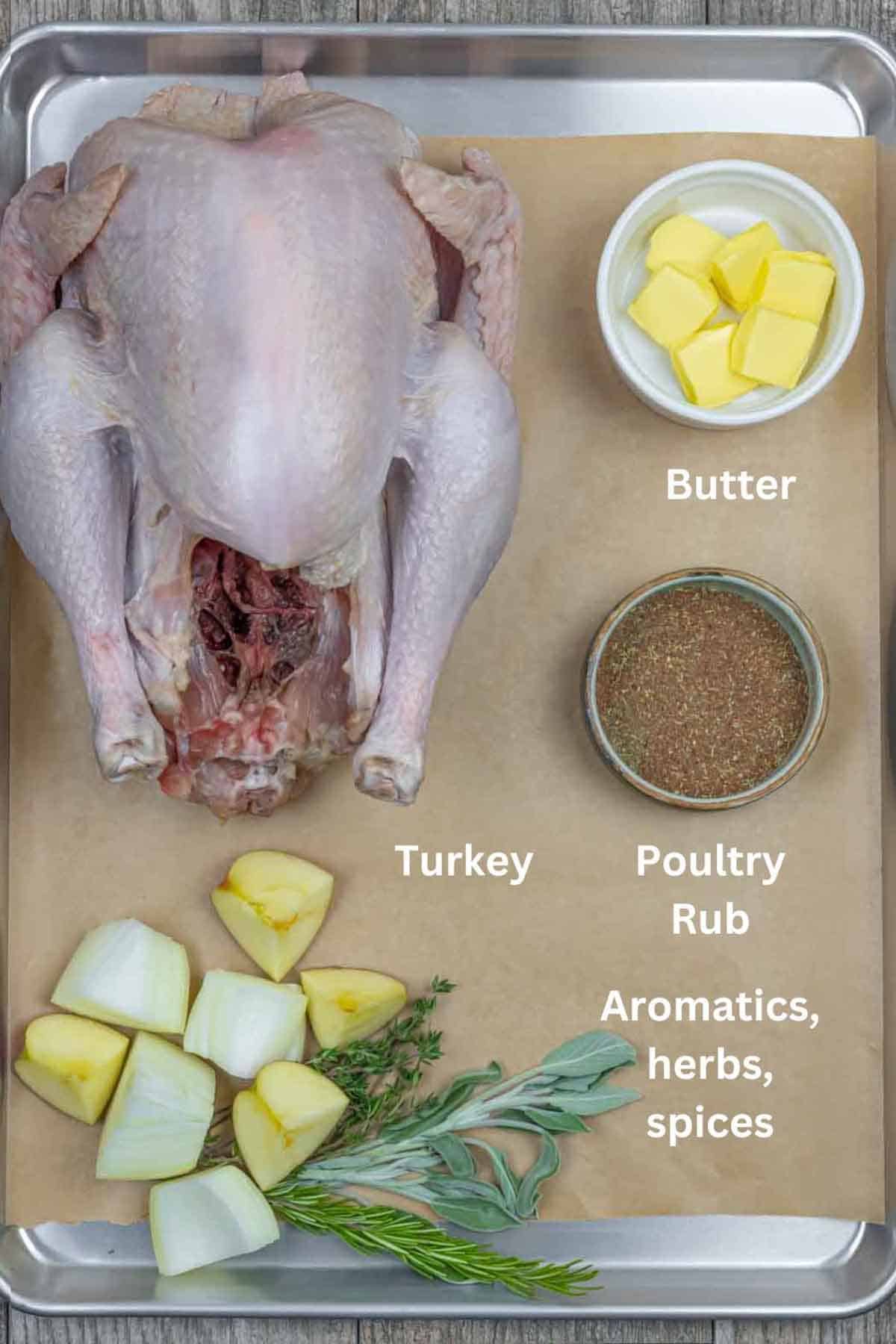 Ingredients for smoked whole turkey in a pan with white text labels.