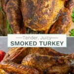 Split image of a whole smoked turkey from the top and from the side with aromatic herbs.