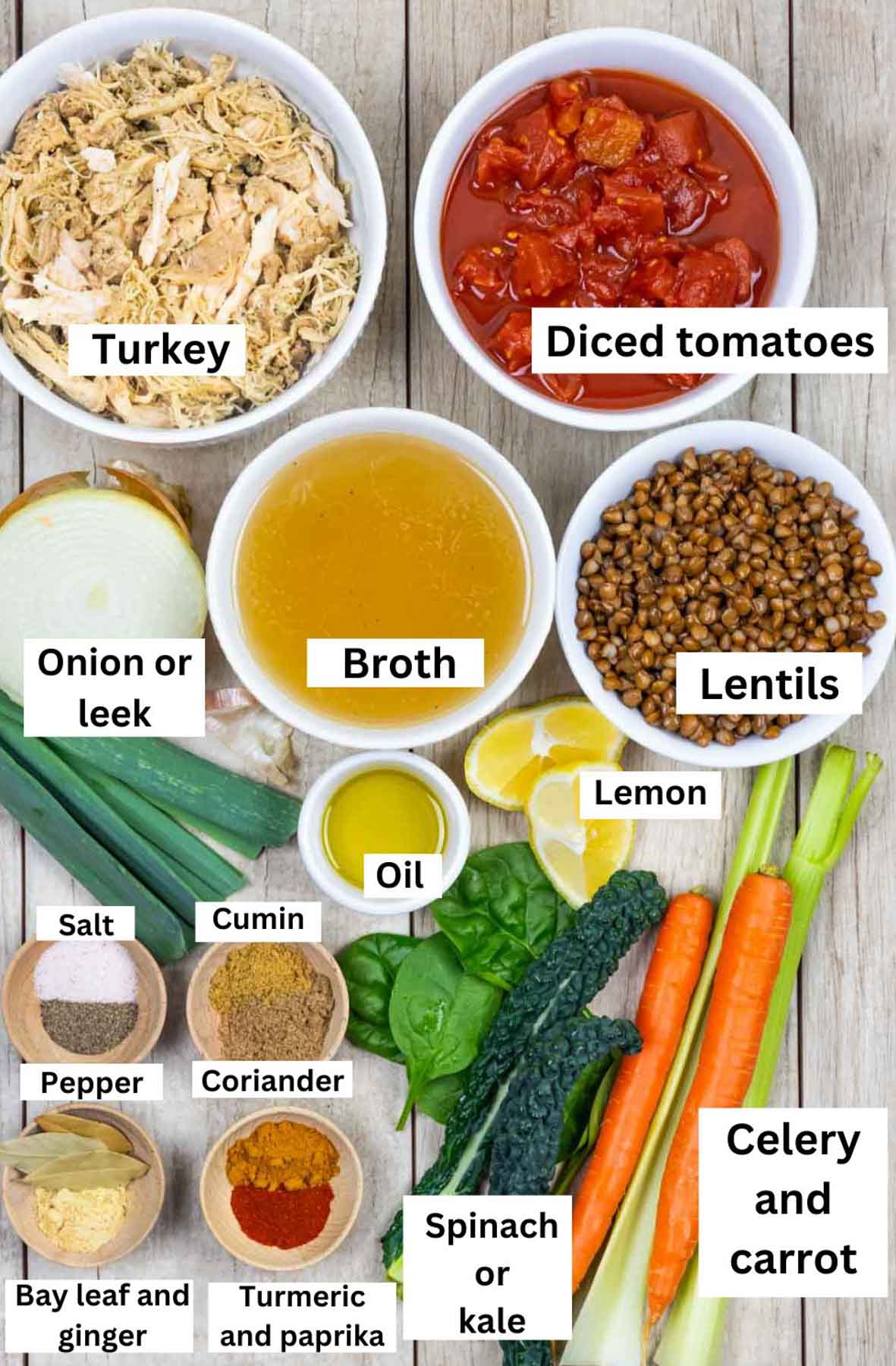 Ingredients for turkey lentil soup in small bowls laid out on a wood board with black text labels.