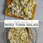 Split image of miso tuna slad on toast and in a glass bowl with a serving spoon.