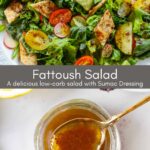 Split image of fattoush salad on a white plate and a jar of sumac dressing with a spoon.