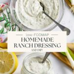 Split image of home-made ranch dressing and dip in a bowl and in a jar with a spoon.