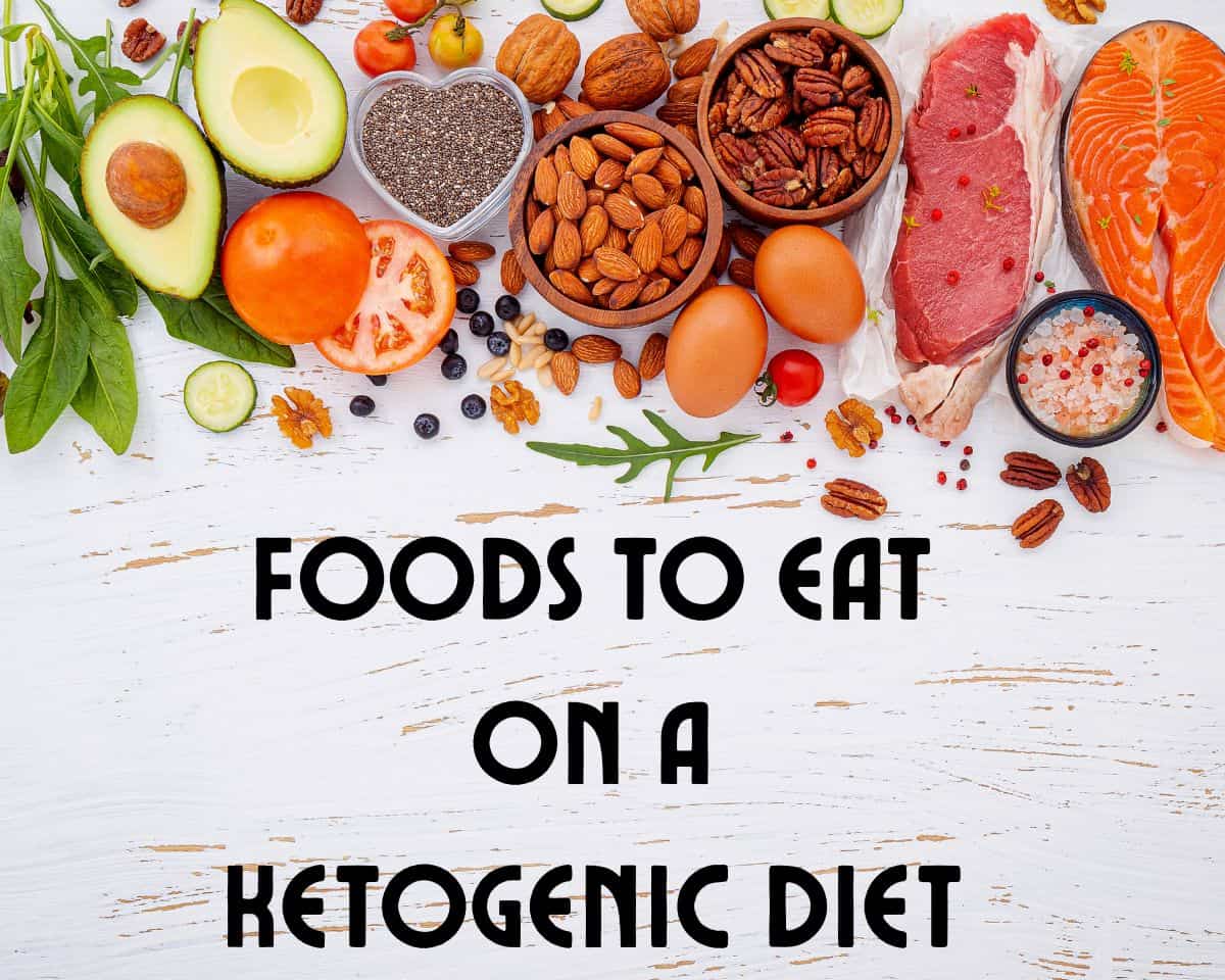 Healthy selection of meat, nuts, eggs and vegetables on a white background with title foods to eat on a ketogenic diet