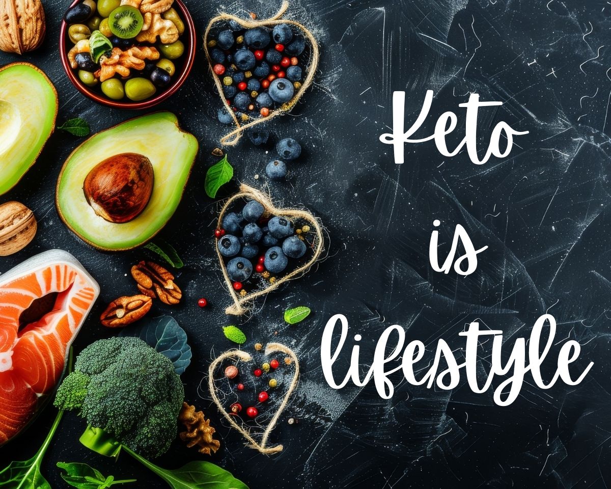 keto is lifestyle text on a chalkboard with keto-friendly food
