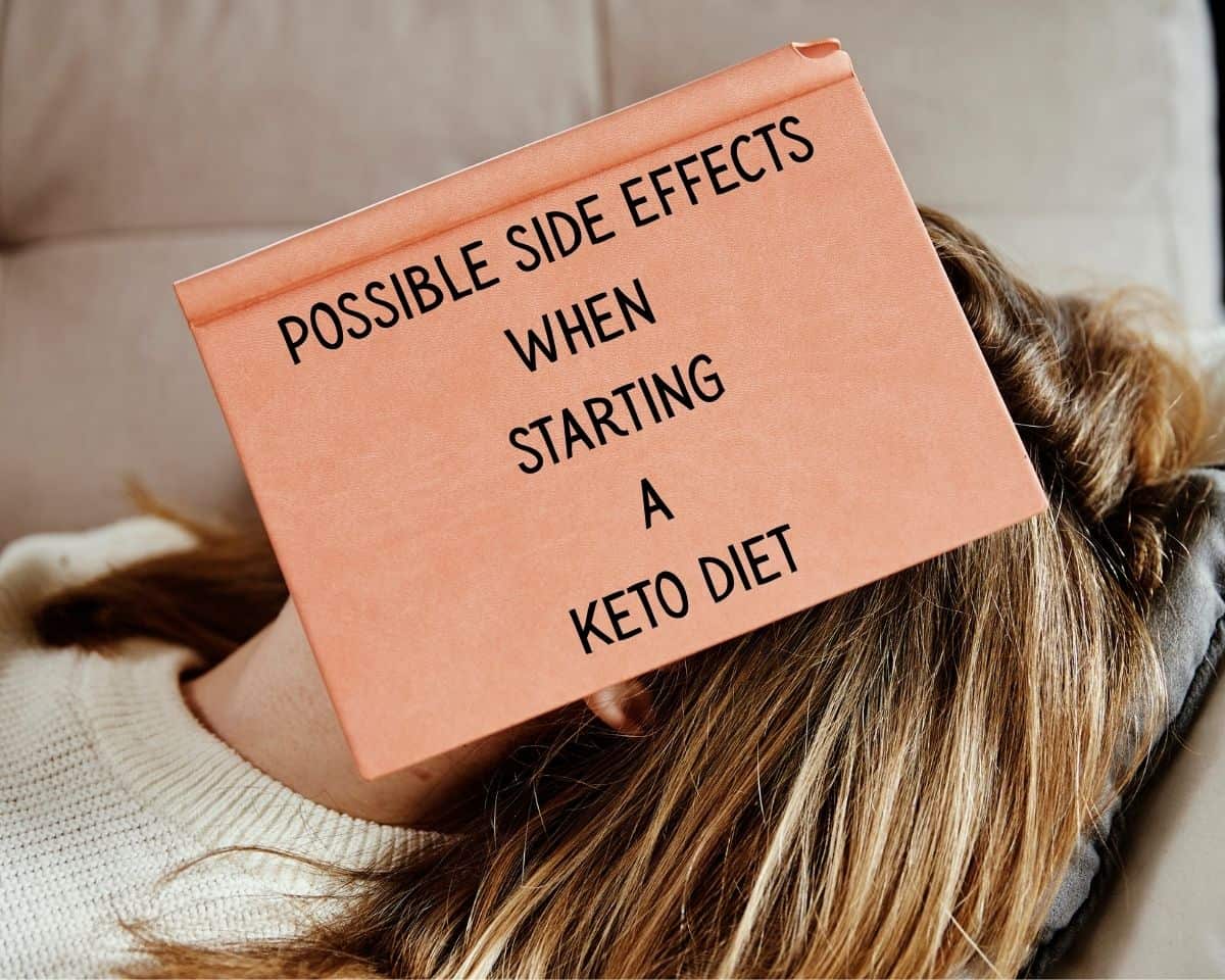 Woman lying on couch with a book over her face labeled possible side effects of a keto diet