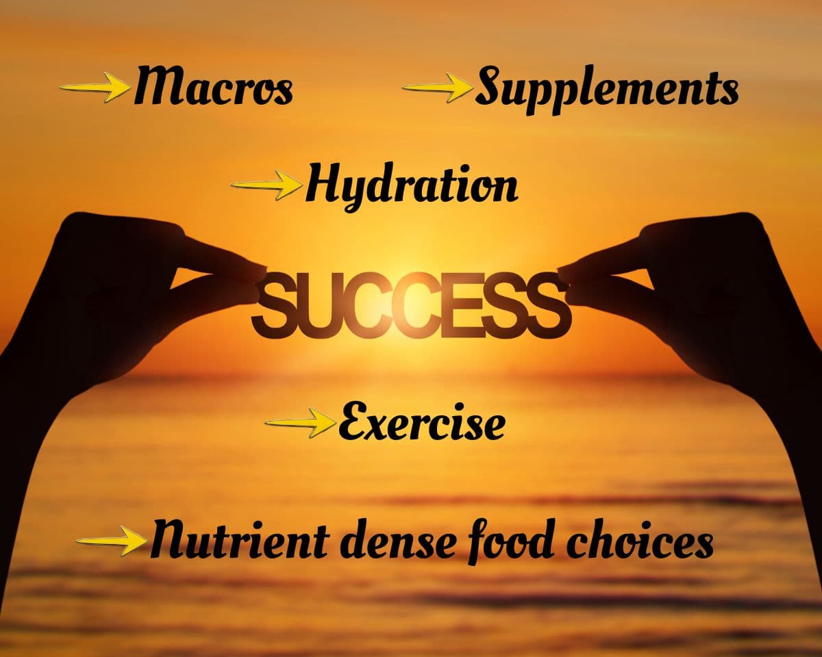 Hands holding sucess text in sea sunset with arrows pointing to macros, supplements, hydration, exercise and nutrient dense food choices