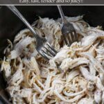 Shredded chicken breast in a black cast iron Dutch oven with two forks.