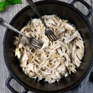 Shredded chicken in a cast iron Dutch oven with two forks.