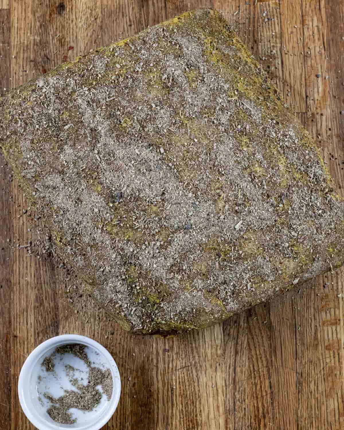 Prime rib roast coated with rub